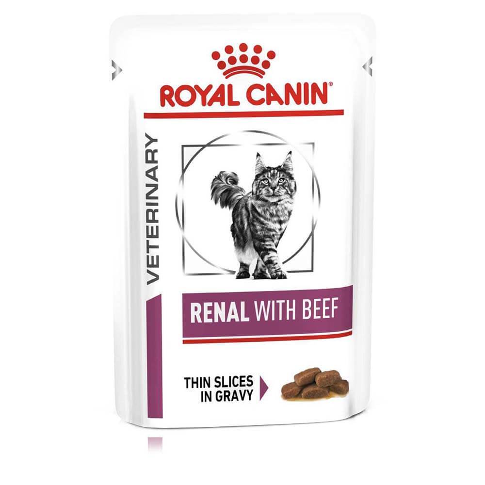 Royal Canin Veterinary Feline Renal Wet Pouch Beef 48x85g for cats with kidney disease.