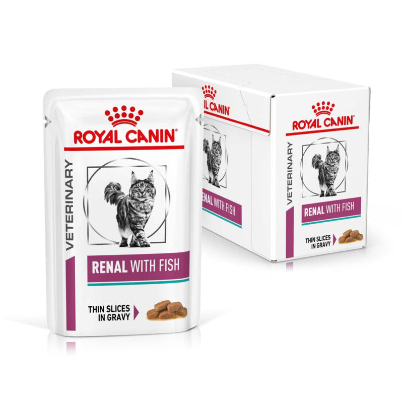Royal Canin Veterinary Feline Renal Wet Pouch Fish 12x85g for cats with kidney disease.