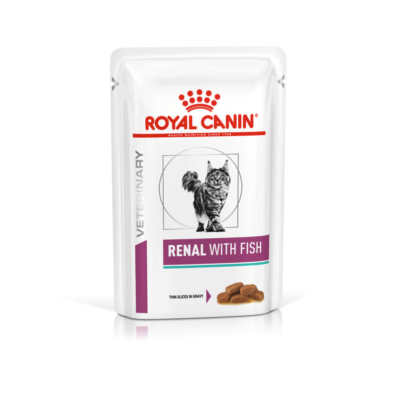 Royal Canin Veterinary Feline Renal Wet Pouch Fish 12x85g for cats with kidney disease.