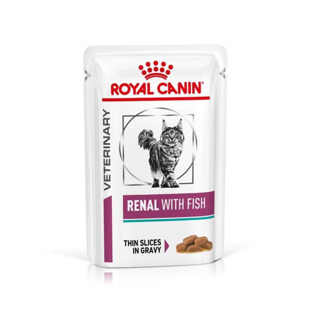 Royal Canin Veterinary Feline Renal Wet Pouch Fish 48x85g for cats on a renal diet.