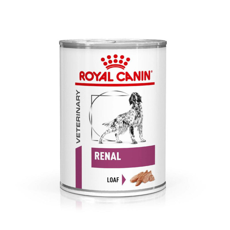 A tin of Royal Canin Veterinary Renal Canine Loaf 410g with a dog image on the label.