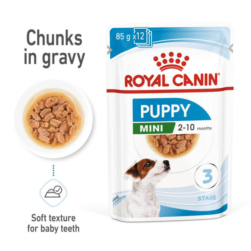 Royal Canin Mini Puppy 12x85g wet food pouch for small breed puppies with chunks in gravy.