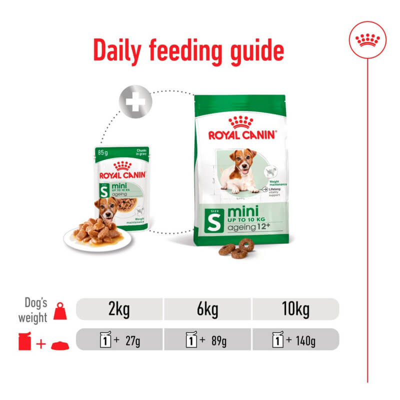 Royal Canin Mini Ageing 8+ 12x85g feeding guide: portions for 2kg, 6kg &amp; 10kg small senior dogs.
