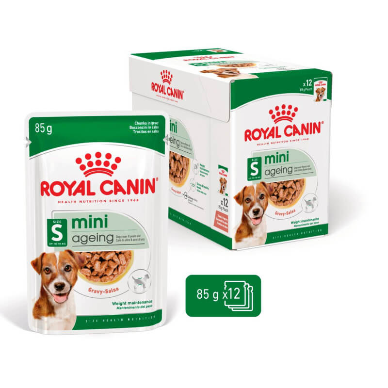 Royal Canin Mini Ageing 8+, 12x85g pouches, wet food for senior small dogs.