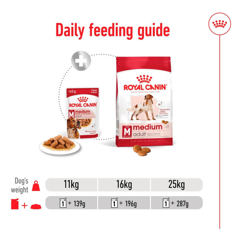 Royal Canin Medium Adult 10x140g feeding guide for 11kg, 16kg, & 25kg dogs.