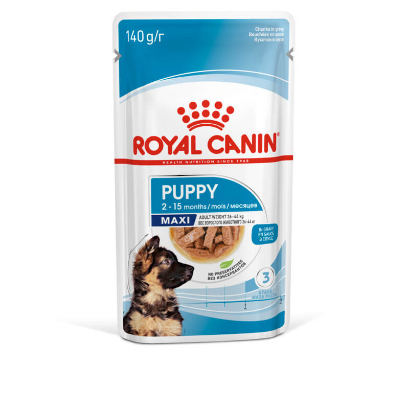 Royal Canin Maxi Puppy 10x140g wet food for large-breed puppies' growth and brain support.