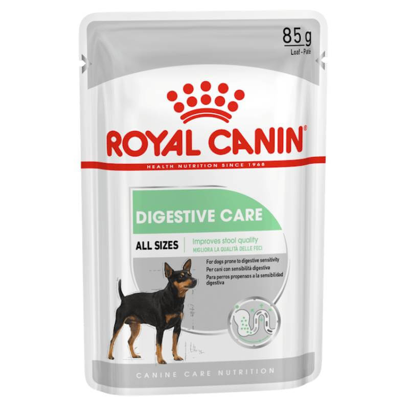 Royal Canin Digestive Care Loaf 85g pouch, with a small black and tan dog on the pack.
