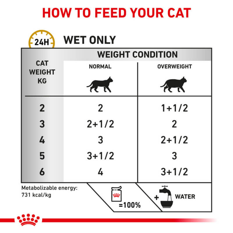 Royal Canin Vet Urinary S/O Wet Pouch daily portions for cats by weight and urinary needs.