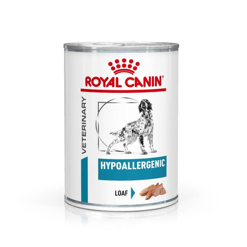 A can of Royal Canin Veterinary Canine Hypoallergenic 12x400g with dog illustration.