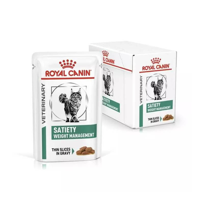 Royal Canin Veterinary Feline Satiety Pouch 12x85g cat food, thin slices in gravy.