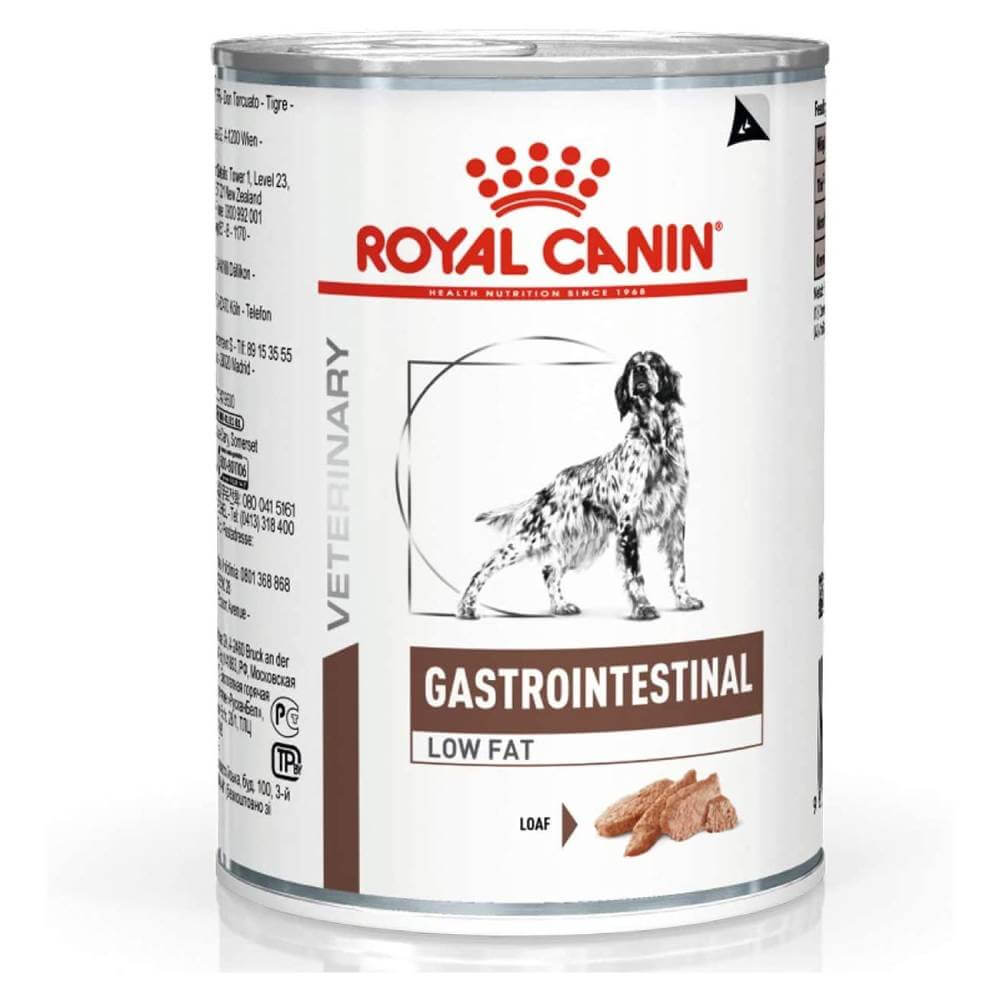 Royal Canin Veterinary GI Low Fat Loaf 420g can, featuring a dog illustration on the label.