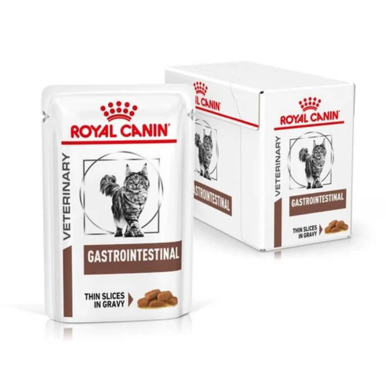 Royal Canin Veterinary Gastrointestinal Feline Pouch 48x85g offers digestive support for cats.