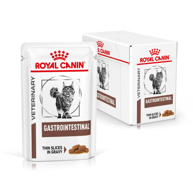 Royal Canin Veterinary Gastrointestinal Feline Pouch 12x85g with label.
