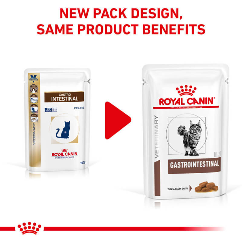 Royal Canin Veterinary Gastrointestinal Feline Pouch 12x85g packs in new and old packaging.