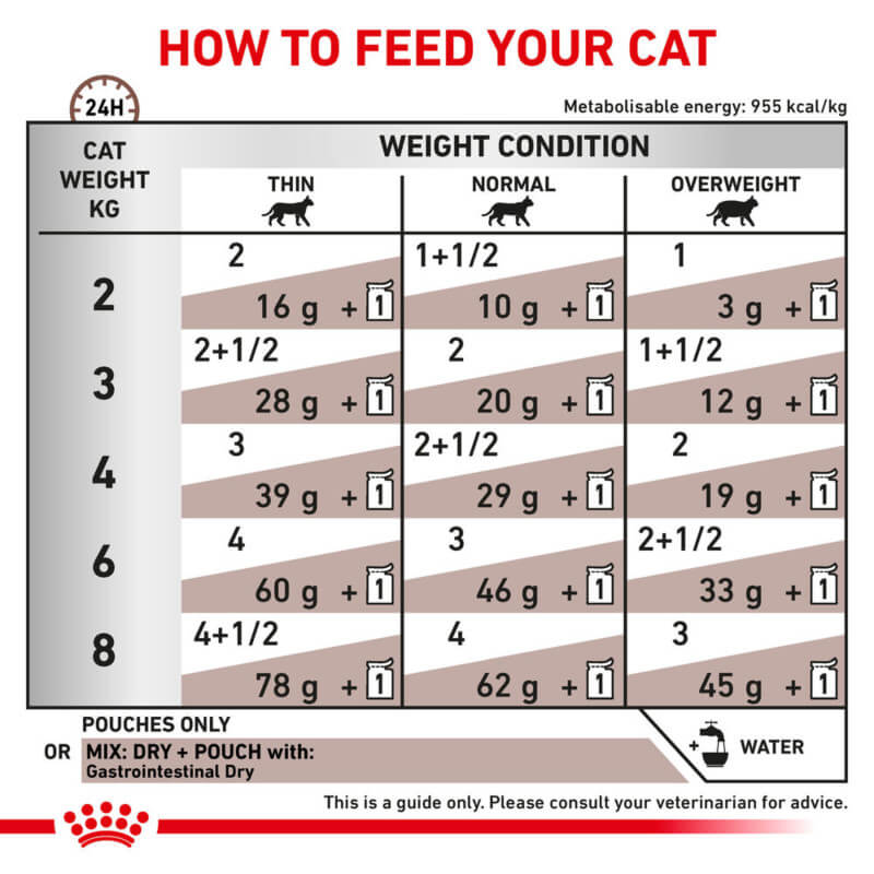Cat feeding chart: Royal Canin Veterinary Gastrointestinal Feline Pouch 12x85g for sensitive stomachs.