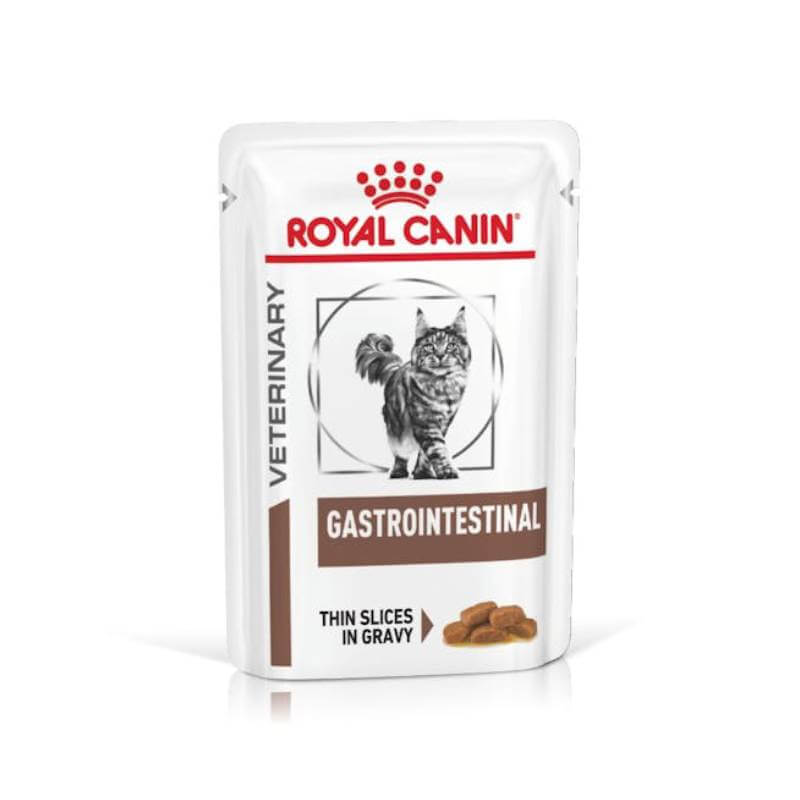 Royal Canin Veterinary Gastrointestinal Feline Pouch 12x85g, thin slices in gravy.