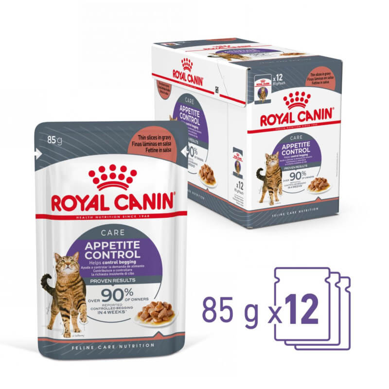 Royal Canin Appetite Control Care Thin Slices in Gravy 12x85g, for weight management.
