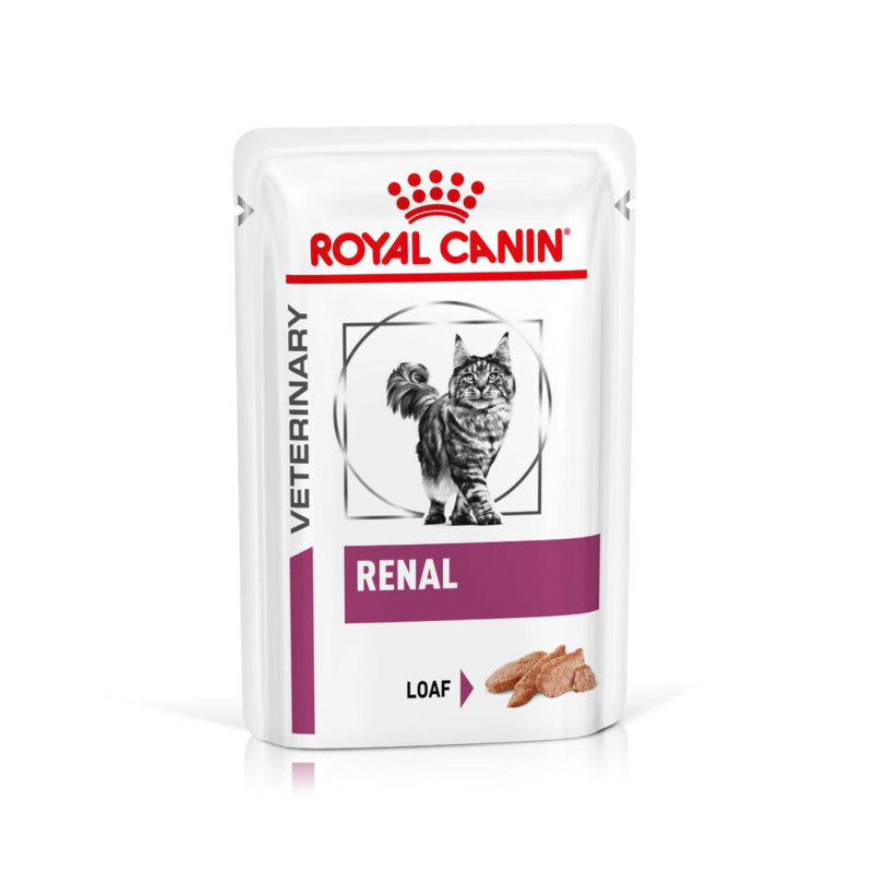 Royal Canin Veterinary Renal Adult Wet Cat Food Loaf 12x85g for kidney health.