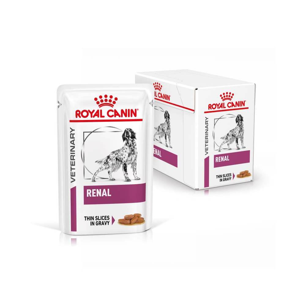 Royal Canin Veterinary Canine Renal Pouch 12x100g—ideal for kidney support in dogs.