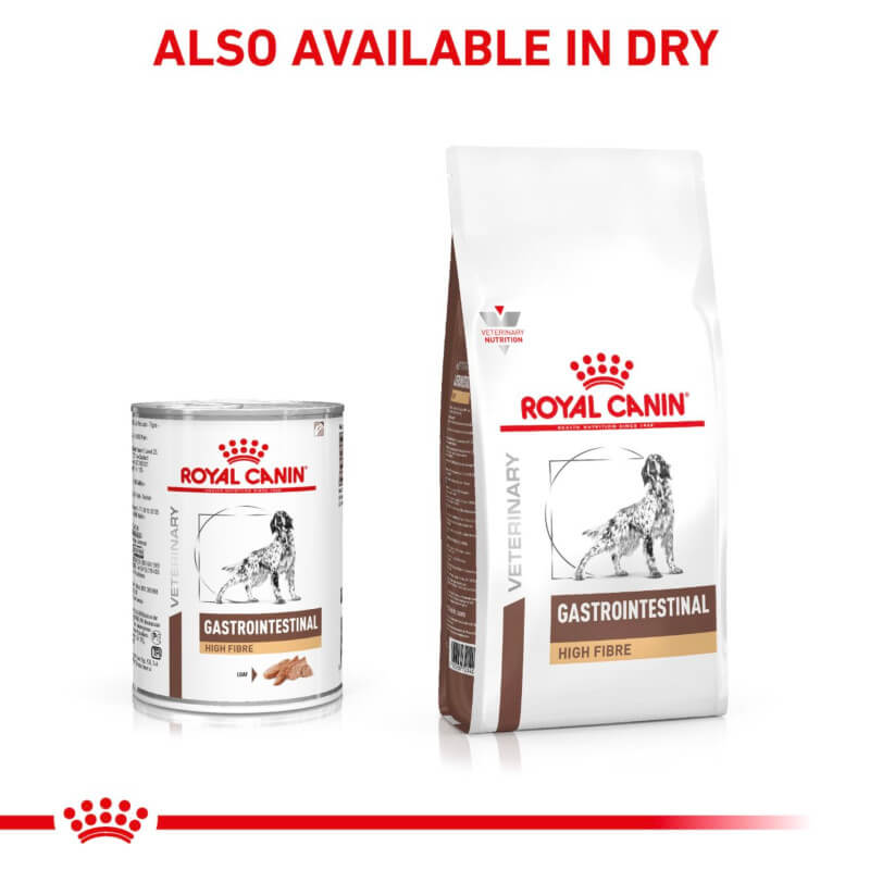 Royal Canin Veterinary Gastrointestinal High Fibre Adult Wet Dog Food, 12x410g cans shown.