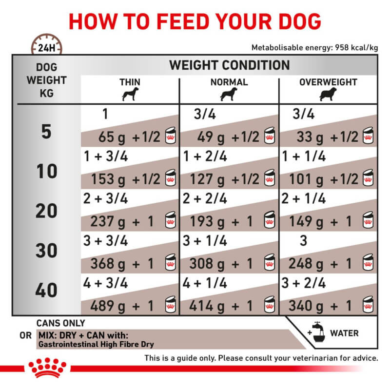 Daily feeding chart for Royal Canin Veterinary Gastrointestinal High Fibre Adult Wet Dog Food.