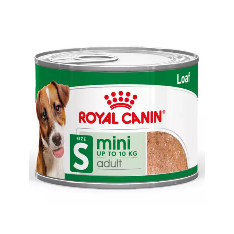 Royal Canin Mini Adult Tin 195g wet food for small dogs, with a dog's face and food pictured.