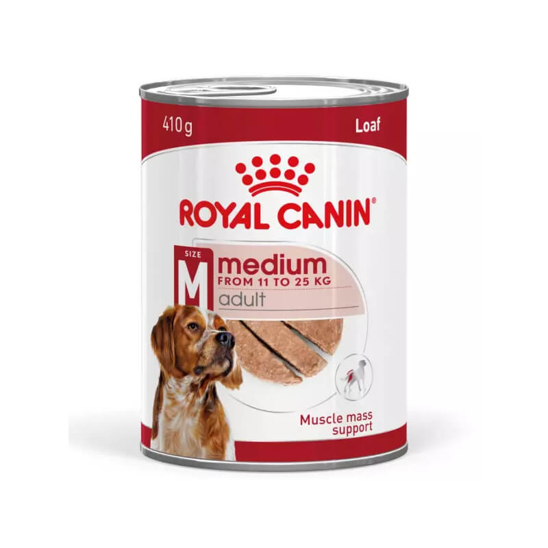 Royal Canin Medium Adult Tin 410g wet dog food for medium-sized dogs.