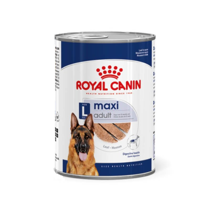 Royal Canin Maxi Adult Tin 410g wet food for large breeds, featuring a German Shepherd on label.