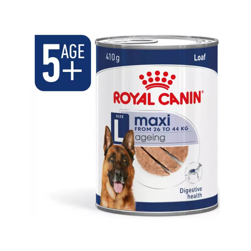 Royal Canin Maxi Ageing 5+ Tin 410g wet food for senior large breed dogs aged 5 years and older.