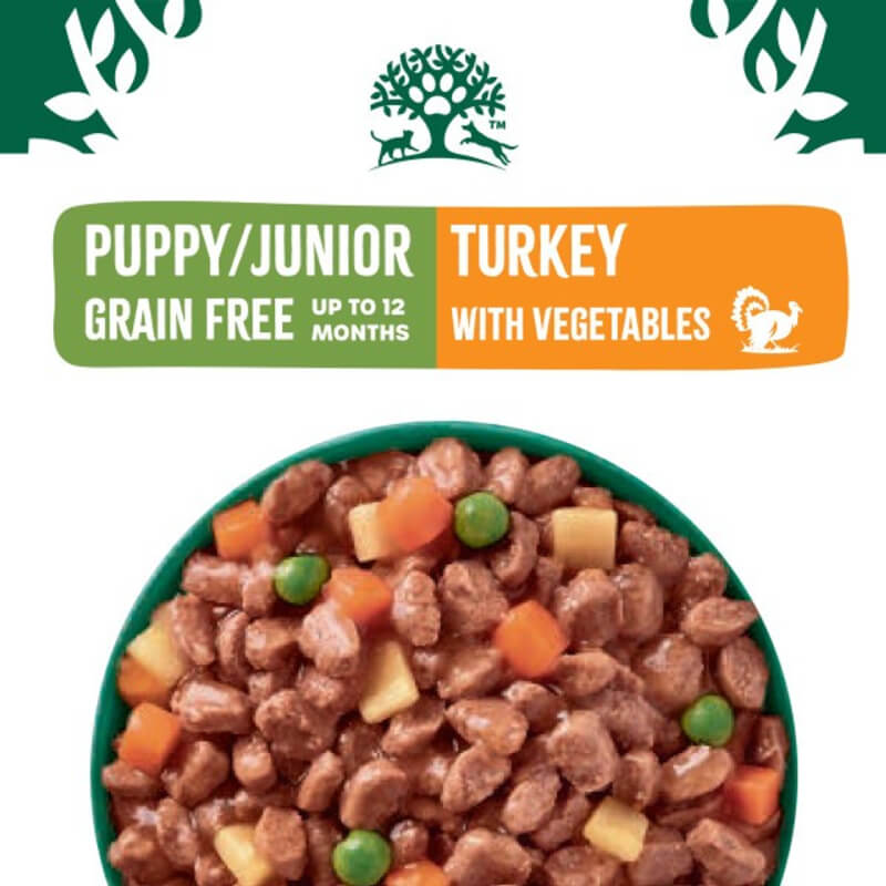 James Wellbeloved GF Puppy Turkey in Gravy Pouch 90g, grain free puppy food with vegetables.