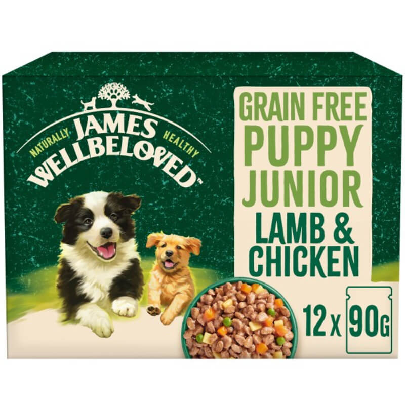 James Wellbeloved GF Puppy Lamb &amp; Chicken in Gravy 12x90g, hypoallergenic dog food.