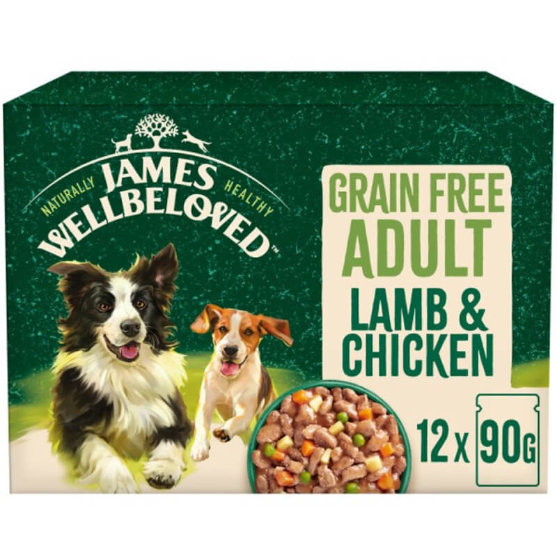 James Wellbeloved GF Adult Lamb &amp; Chicken in Gravy, 12x90g pouches, hypoallergenic dog food.