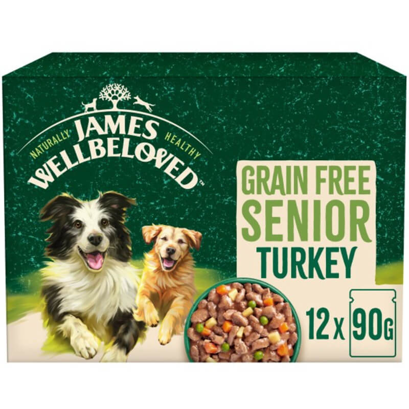 James Wellbeloved GF Senior Turkey in Gravy, 12x90g pouches for dogs.