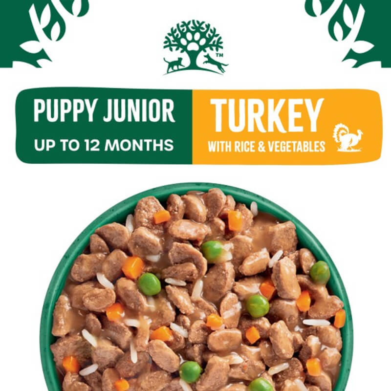 James Wellbeloved Puppy Turkey in Gravy Pouch 90g: natural dog food with rice, peas &amp; carrots.