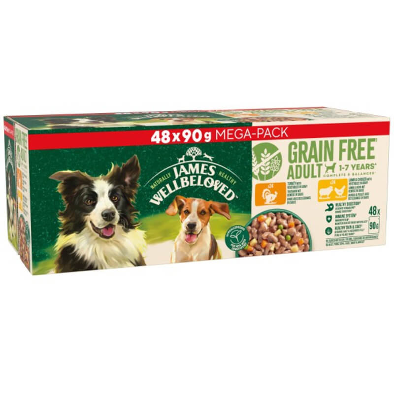 James Wellbeloved GF Adult Turkey &amp; Lamb Dog Food 48x90g pouches in gravy.