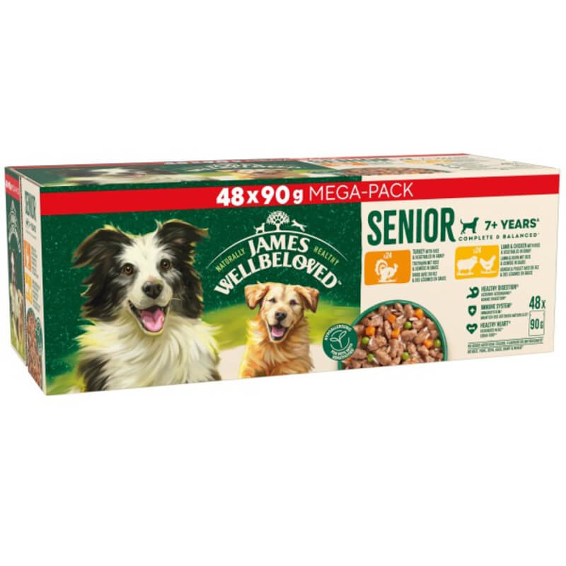 James Wellbeloved Senior Turkey, Lamb &amp; Chicken in Gravy Dog Pouch 48x90g mega pack.