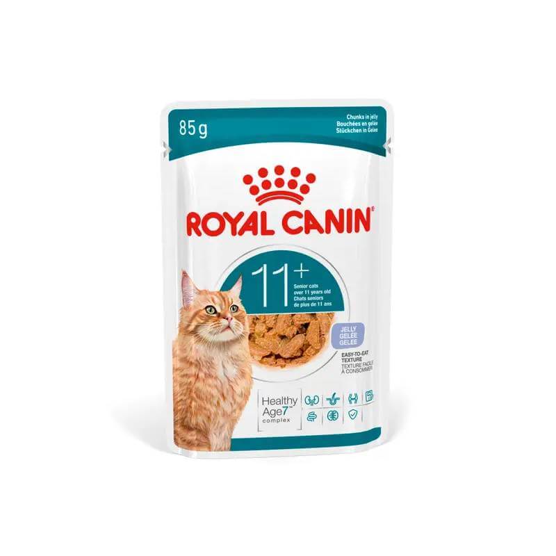Royal Canin Ageing 11+ Cat Pouch in Jelly 12x85g pack with product details and orange cat.