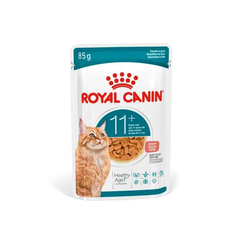 Royal Canin Ageing 11+ Cat Pouch in Gravy 12x85g with orange cat and bowl on pack.
