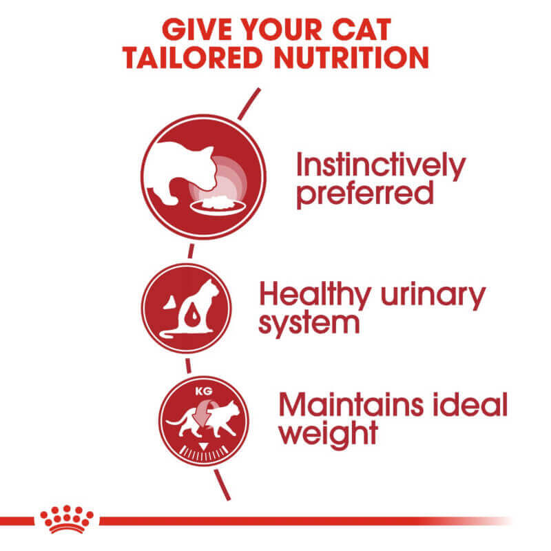 Icons highlight Royal Canin Instinctive Pouch in Gravy: urinary health, ideal weight benefits.