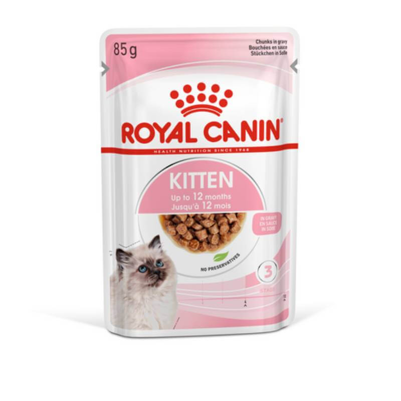 Royal Canin Kitten Pouch In Gravy 12x85g—tasty wet food for growing kittens.