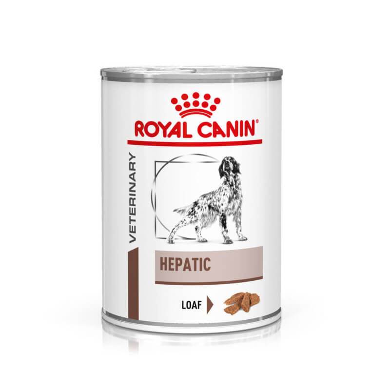 Royal Canin Veterinary Canine Hepatic loaf 12x420g dog food with a dog on the label.