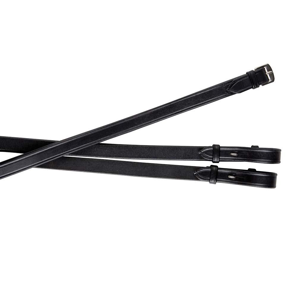 Two Collegiate Plain Reins in black leather with buckles, set diagonally on a white background.
