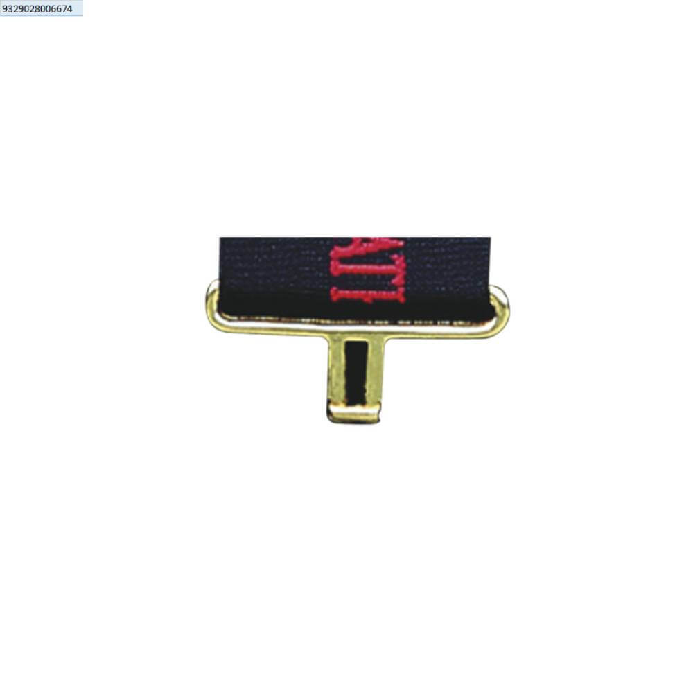 Weatherbeeta Surcingle Part Female with gold T-pin, black and red replacement ribbon at top.
