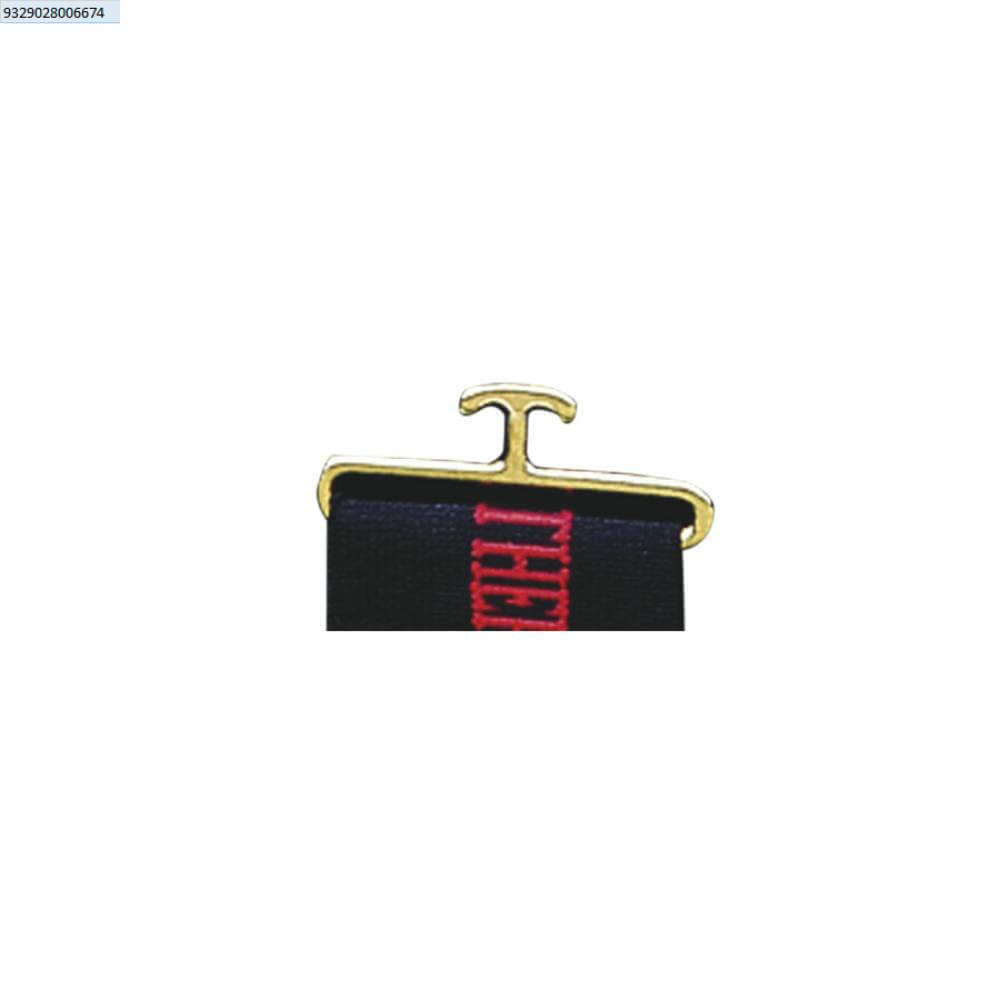 Weatherbeeta Surcingle Part Male: gold T-pin secures black ribbon with red text for replacement.
