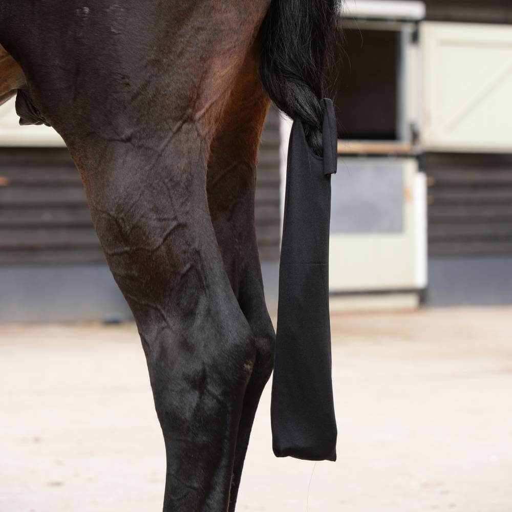 A horse’s braided tail is covered with a Weatherbeeta Lycra Tail Bag Black in the stable yard.