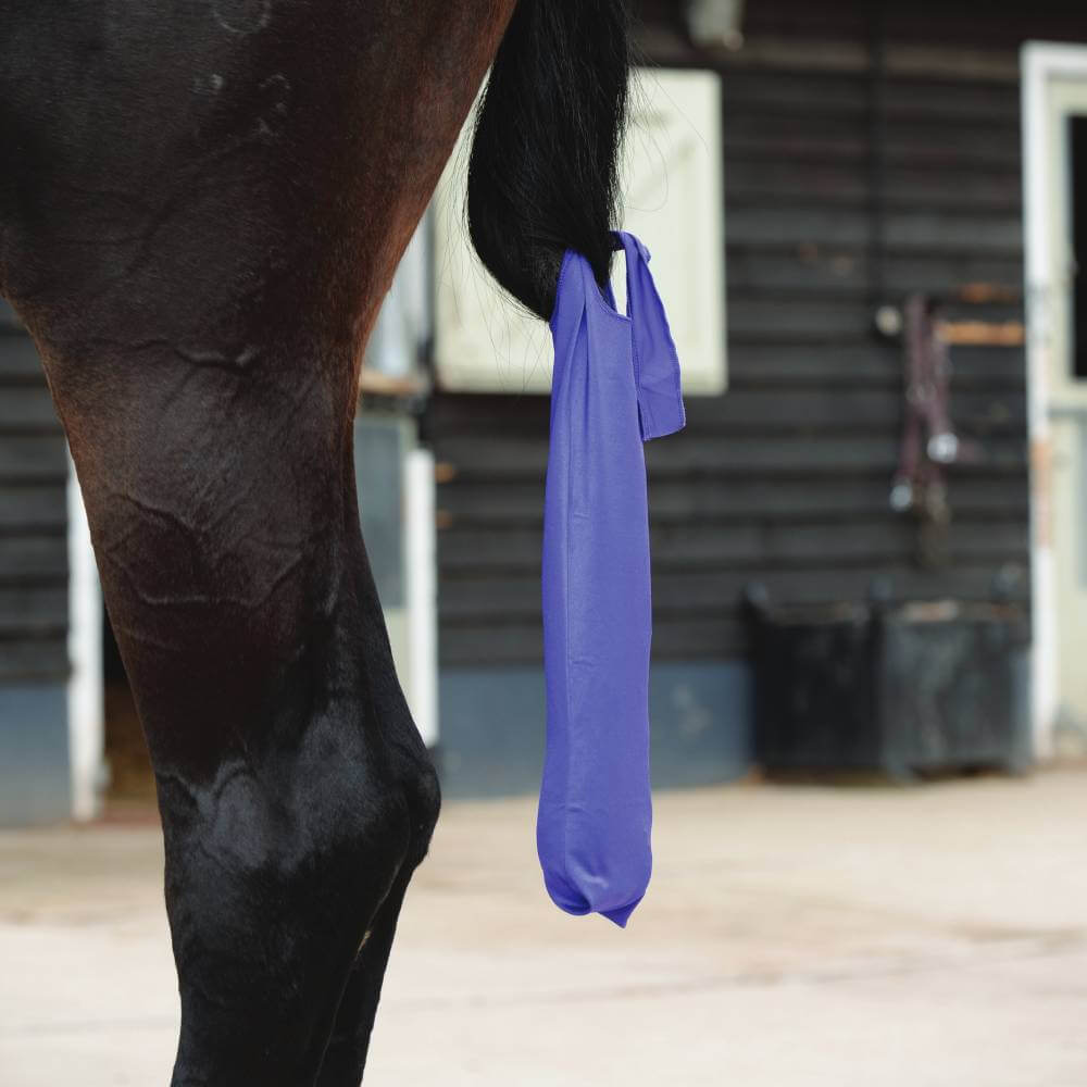 A horse’s tail in a purple Weatherbeeta Lycra Tail Bag stands near a dark wooden building.