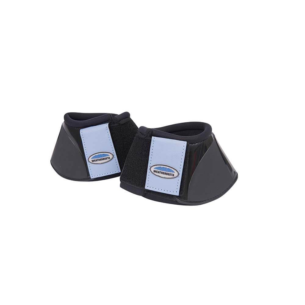 Weatherbeeta Prime Impact Bell Boots in black and blue with Velcro on a white background.