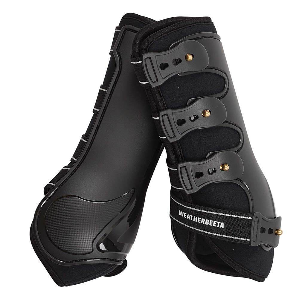 Weatherbeeta Hard Shell Dressage Boots offer tendon protection and secure buckle straps.