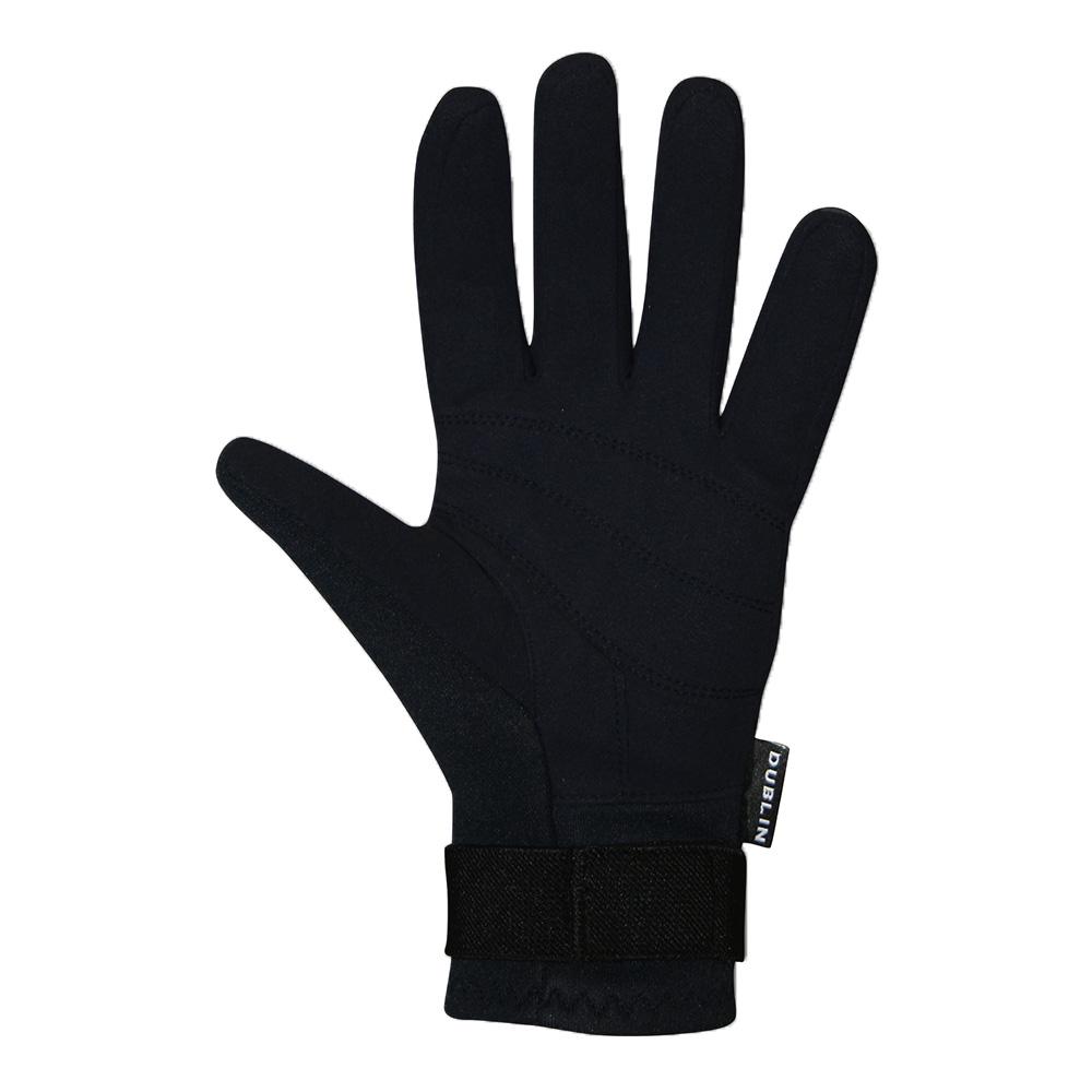 Dublin Neoprene Riding Gloves in black with reinforced palms and wrist strap, palm side up.