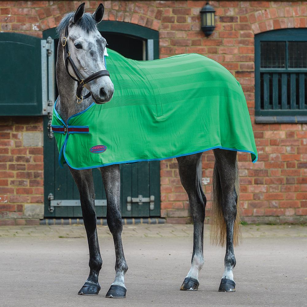 Grey horse wears Weatherbeeta Scrim Cooler Standard Neck Rug with mesh, by a brick stable.